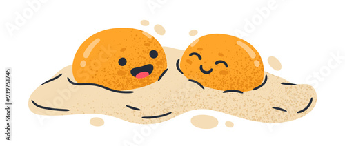 Funny chicken eggs character. Cartoon fried eggs mascot, cute comic eggs for breakfast with facial emotions flat vector illustration. Fried egg mascots with humorous face