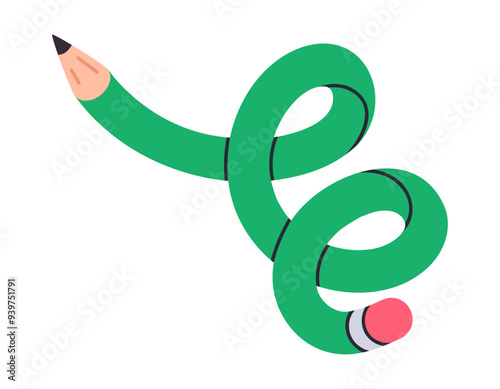 Funny simple pencil. Comic twisted pencil, curved intertwined pencil, cute school supply flat vector illustration. Cartoon funky twisted pencil
