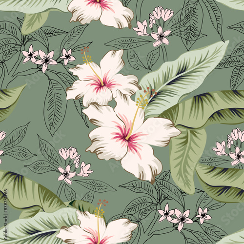 Tropical hibiscus, plumeria flowers, palm leaves, green background. Vector seamless pattern. Floral illustration. Exotic plants. Summer beach design. Paradise nature