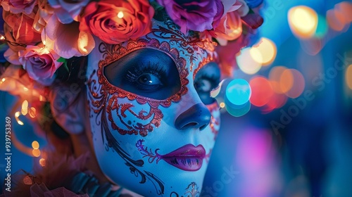 Masked woman with floral crown and intricate face painting photo