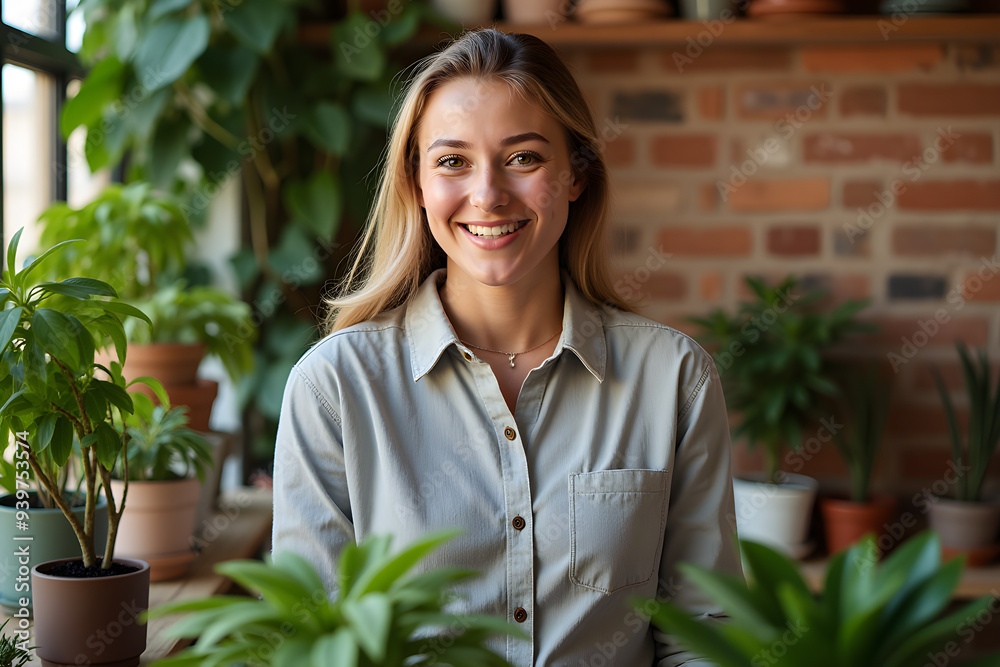 Smiling attractive female small business owner in her plant shop Smiling attractive female small business owner in her plant shop