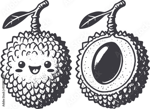 Grunge-Style Lychee Smiling Fruit Character with Texture, Rough Hand-Drawn with Grainy Print Effect.