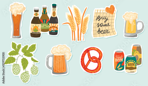 Cartoon Beer sticker set.Mugs and glasses with foaming drink, bottles and cans, pretzel, ingredients for brewing,hand written Buy some beer.Vector designs for use in banner,poster,card,invitation.