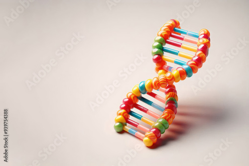 A DNA molecule from candies on a light background. Space for text.