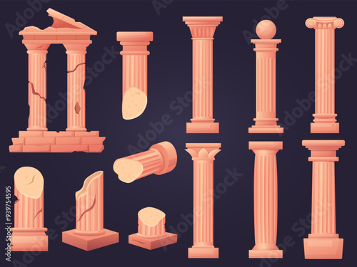 Cartoon ancient ruins. Old columns, pillars and colonnade elements. Greek or roman style column. Temple exterior architecture nowaday vector objects