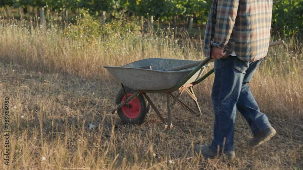 Senior Farmer Legs and Wheelbarrow on a Rural Field Road Senior Farmer Legs and Wheelbarrow on a Rural Field Road