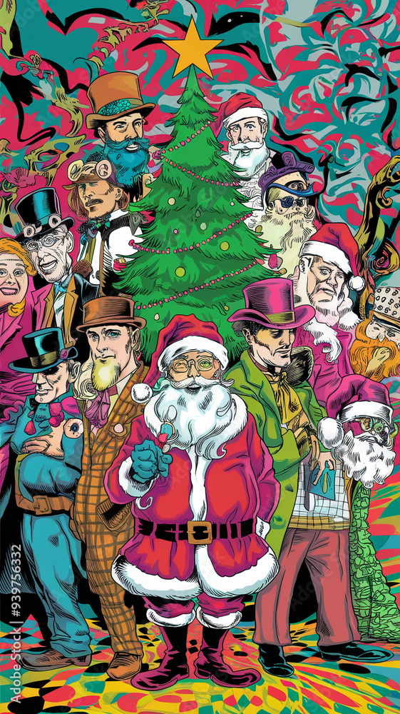 custom made wallpaper toronto digitalA poster with a postmodernist feel, it features a variety of characters dressed in steampunk and Santa Claus costumes, gathered around a Christmas tree.