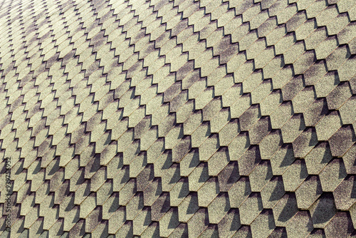 A close-up of a roof showcases a repeating geometric pattern of shingles, casting dynamic shadows that add depth and texture to the surface.