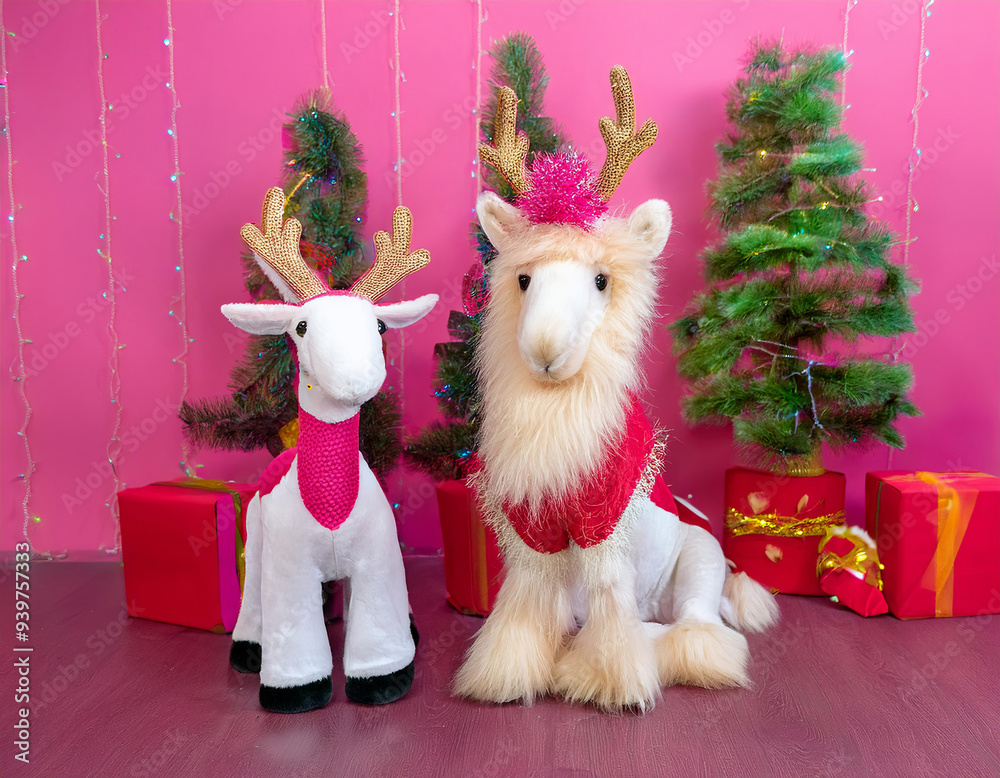 Obraz premium Peluches rennes du Père Noël à côté des cadeaux