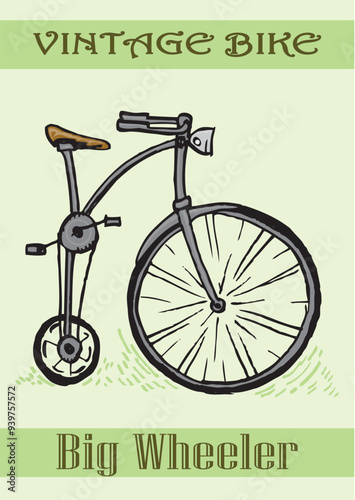 vintage big wheel bike hand draw illustration