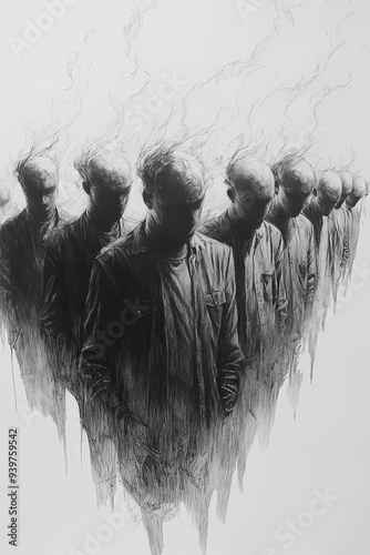 Burnout, Monochrome Illustration of People with Smoking or Burning Heads in Formal Attire, Haunting and Surreal Artwork with a Dark, Abstract Conceptual Style photo