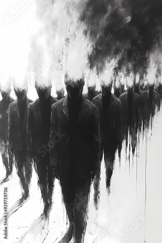 Burnout, Monochrome Illustration of People with Smoking or Burning Heads in Formal Attire, Haunting and Surreal Artwork with a Dark, Abstract Conceptual Style photo