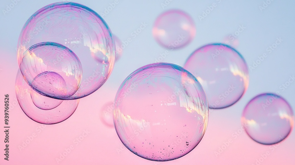 A cluster of foam spheres drifting over a pastel seascape with a cerulean canopy overhead A cluster of foam spheres drifting over a pastel seascape with a cerulean canopy overhead