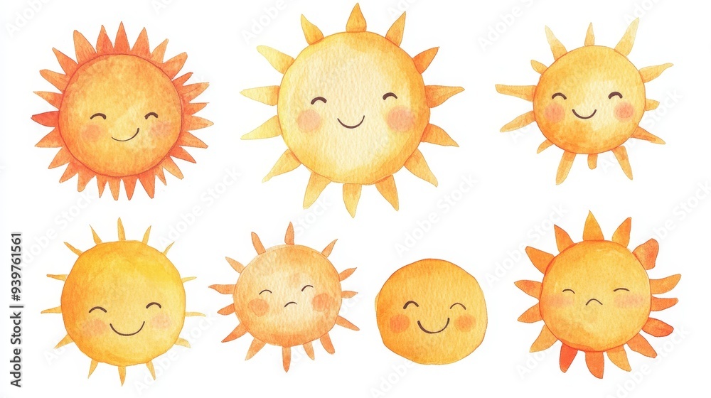 Sun. White background. Watercolor illustrations set Sun. White background. Watercolor illustrations set