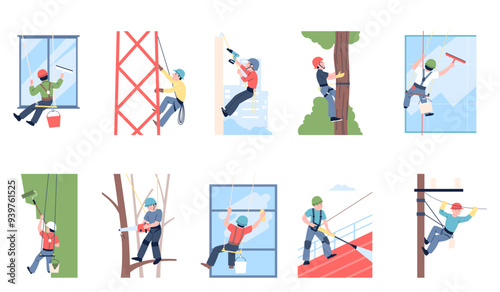 Industrial alpinists characters. Professionals working on height, window cleaning, electricity worker, welder. Flat climbers recent vector set