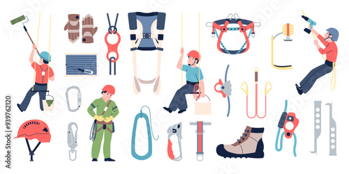 Industrial alpinism equipment. Different tools for climbers, boots ropes metal carabiner fasteners helmet. Safety elements for dangerous work, recent vector set