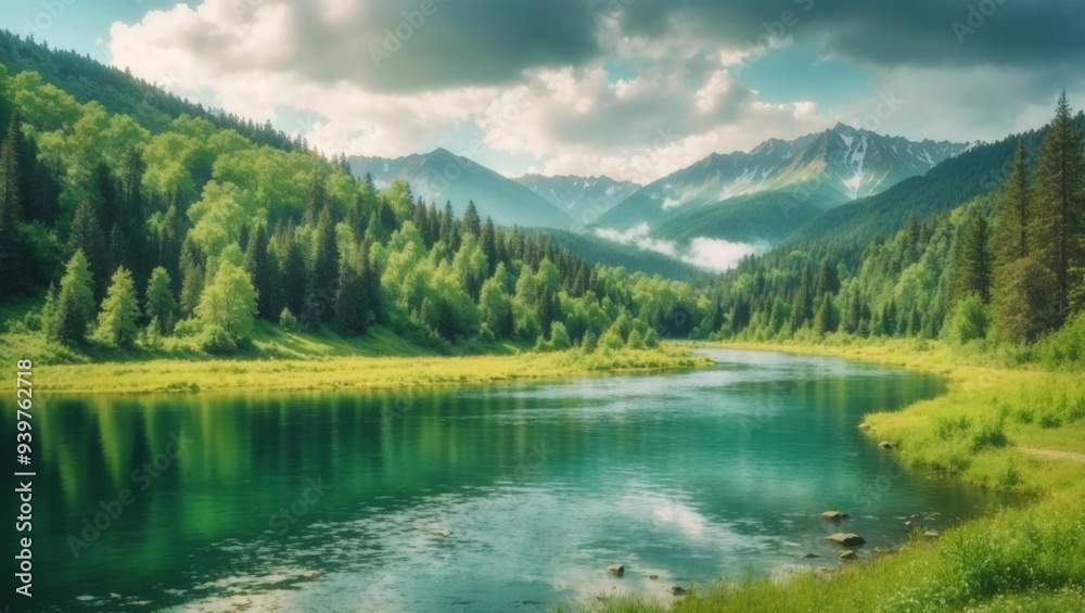 Beautiful landscape view of green summer forest with spruce and pine trees mountain, lake, river. Adventure travel nature background. Ecosystem ecology healthy environment.