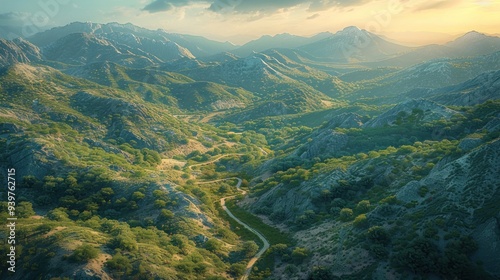 An aerial view of a mountain landscape with serpentine roads in a remote wilderness area, highlighted by cool lighting and a tranquil atmosphere.