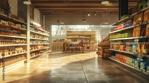 Wallpaper Mural An empty supermarket interior with vacant store shelves in a modern grocery store, showcasing natural lighting and a minimalistic ambiance. Torontodigital.ca
