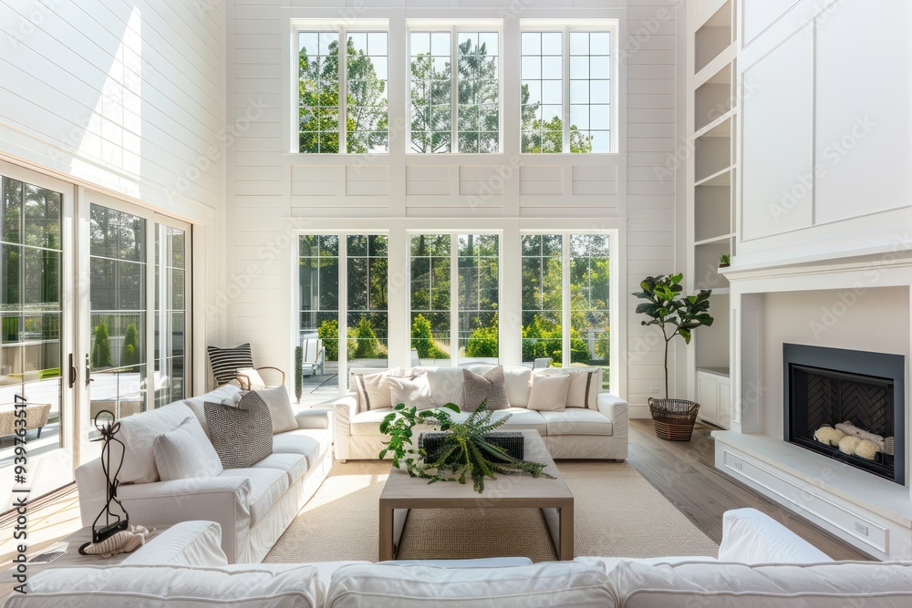 Modern Living Room with Fireplace and Large Windows Modern Living Room with Fireplace and Large Windows