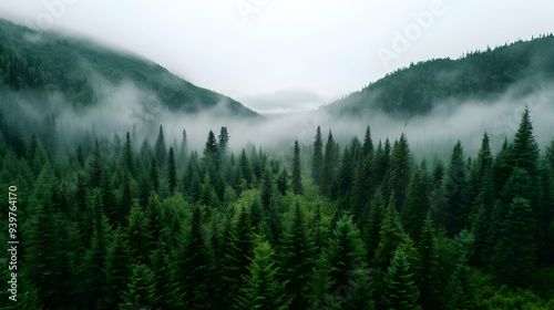 Aerial View Misty Forest Foggy Day.