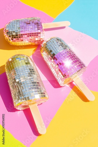  ice cream popsicles made entirely of shiny disco mirror tiles, reflecting light with vibrant gold, silver, and rose-gold hues. The intricate tilework creates a glamorous and playful aesthetic