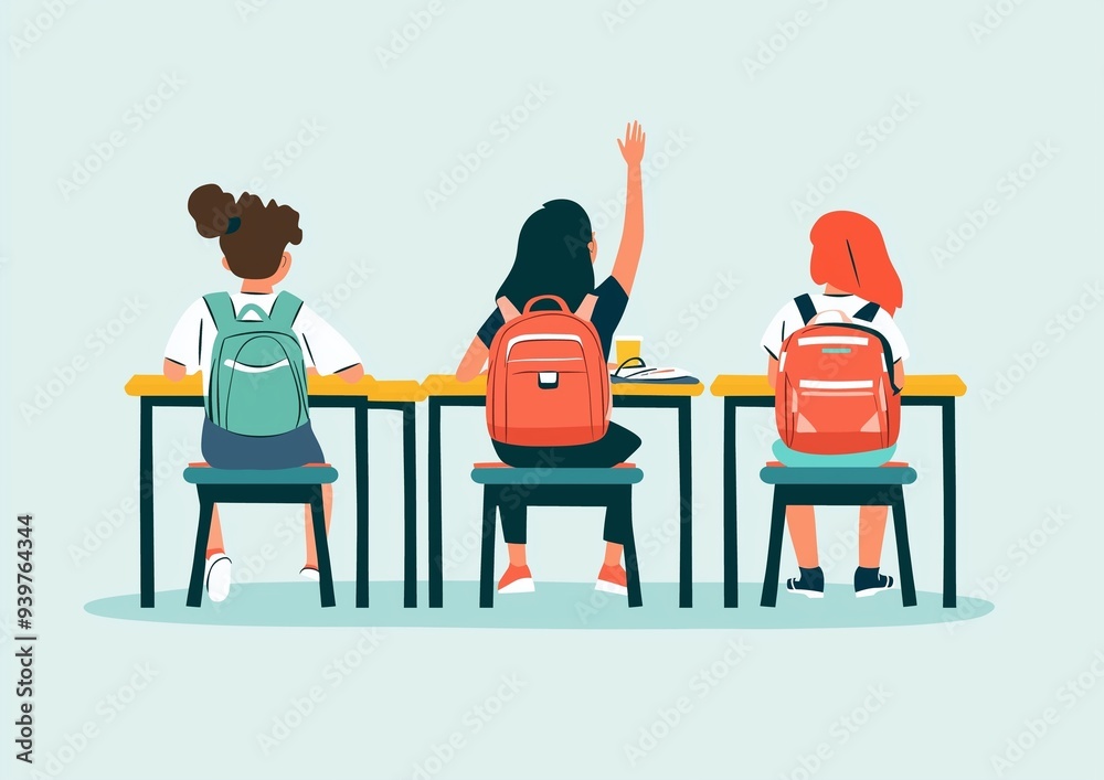 A flat illustration of three students sitting at desks one student raising their hand to answer the teacher's call with backpacks on the desk set against an isolated light blue background. A flat illustration of three students sitting at desks one student raising their hand to answer the teacher's call with backpacks on the desk set against an isolated light blue background.