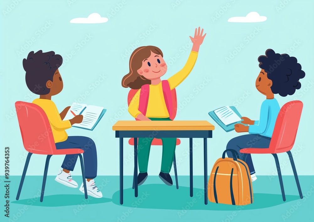 Three students sitting at desks, one student raising their hand to represent the teacher's call for a question by pointing their finger up in an illustration style with flat colors and simple shapes. Three students sitting at desks, one student raising their hand to represent the teacher's call for a question by pointing their finger up in an illustration style with flat colors and simple shapes.