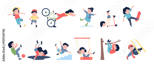 Children falling. Lose balance at bike skateboard rollers ski. Kid fall from tree staircase swings and slip on banana peel. Kids stumble recent vector set