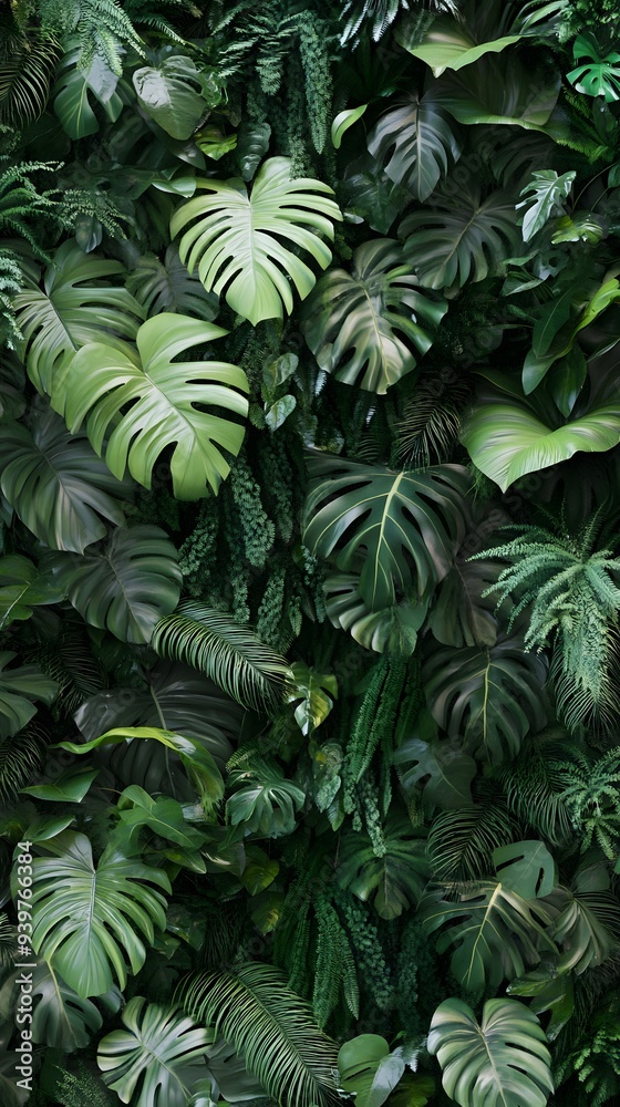 A wall of lush, verdant plants, including ferns and Monstera leaves, captured from above in high resolution A wall of lush, verdant plants, including ferns and Monstera leaves, captured from above in high resolution