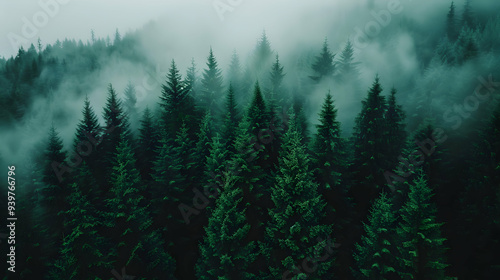 Aerial View Misty Forest Foggy Day.