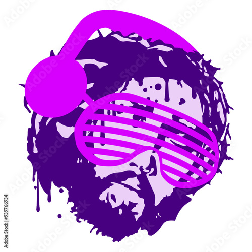 Jesus Christ Face Head Sad God Son Religion Music DJ Headphone Sunglasses Party Night Dancing Clubber Raver Comic Humor Cartoon Cool Fun Sound Disco Club Festival Concert Techno Raving Discothek Love
