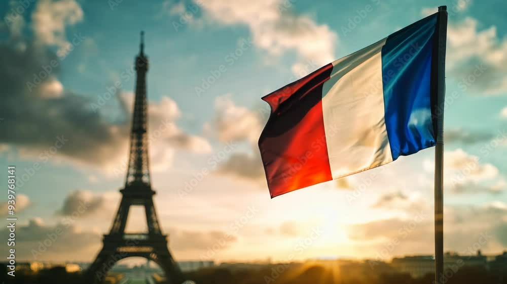 France flag waving against Eiffel tower background. National celebration and patriotism concept. Democratic elections. French culture