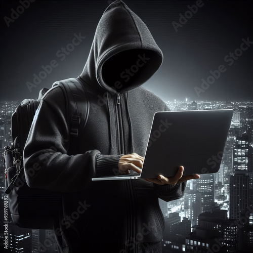 A hacker in a hood with a laptop hacks various programs.