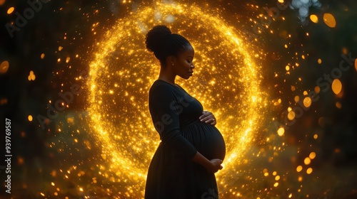 Pregnant black african woman, female silhouette on starry golden space background