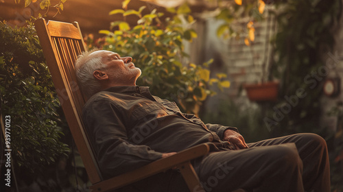 an elderly man sleeps in a wooden rocking chair on a porch Generative AI