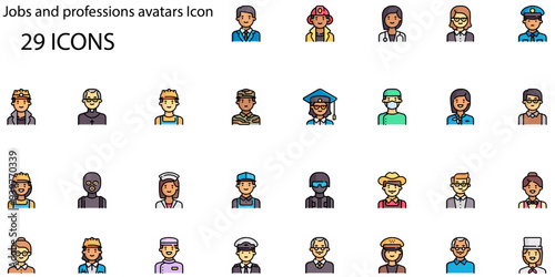 Set of Jobs and professions avatars icons. Line art style icons bundle. vector illustration