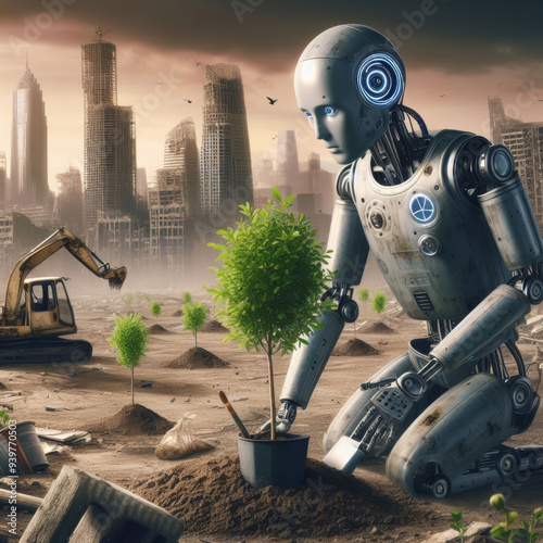 An android robot after the apocalypse plants young trees to save and green the planet after people.