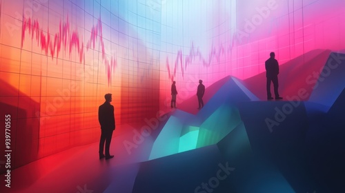 Silhouettes of Men Standing on Geometric Platforms Against a Wall with a Stock Chart