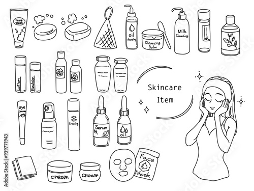 スキンケアグッズと女性のイラストセット(線画)