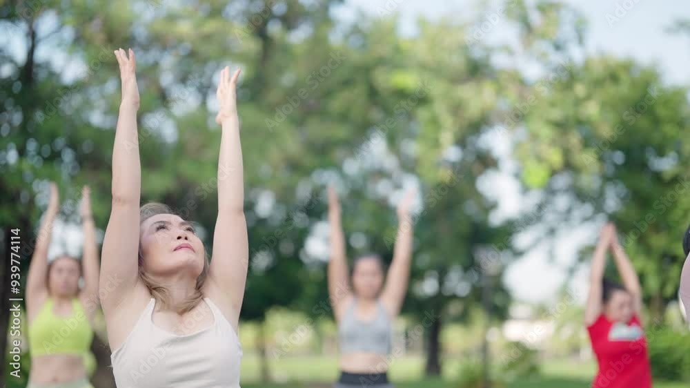 A group of women are doing yoga in a park. Scene is peaceful and relaxing A group of women are doing yoga in a park. Scene is peaceful and relaxing