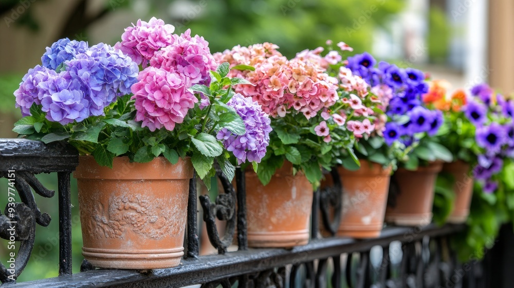 Hanging on a fence in a balcony garden are decorative flower pots filled with blooming balcony flowers, such as pink Hydrangea, purple violet lavender, and pansies. Hanging on a fence in a balcony garden are decorative flower pots filled with blooming balcony flowers, such as pink Hydrangea, purple violet lavender, and pansies.