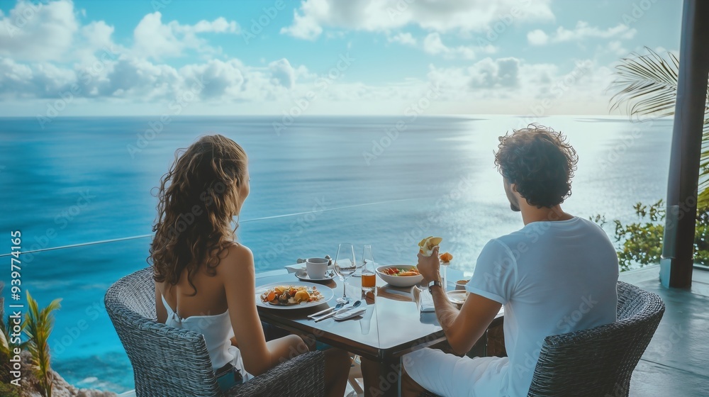 Obraz premium Young couple in love on a romantic dinner date in a tropical paradise hotel by the sea beach Luxury restaurant Ocean view Mediterranean food Honeymoon trip Travel vacation Tourism Food on the table