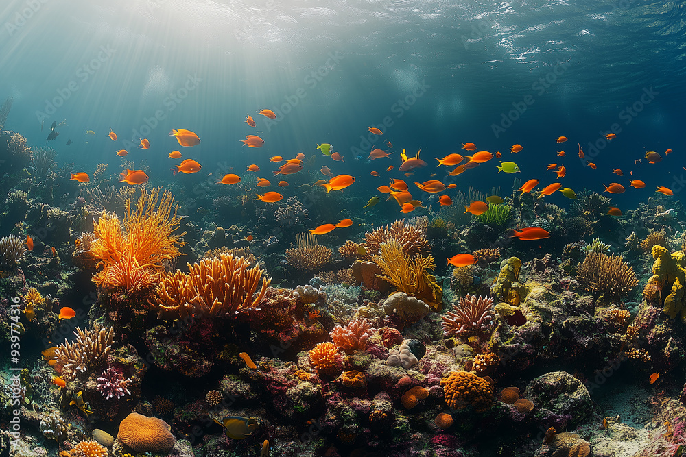 Naklejka premium Oceans with coral reefs and diverse marine life