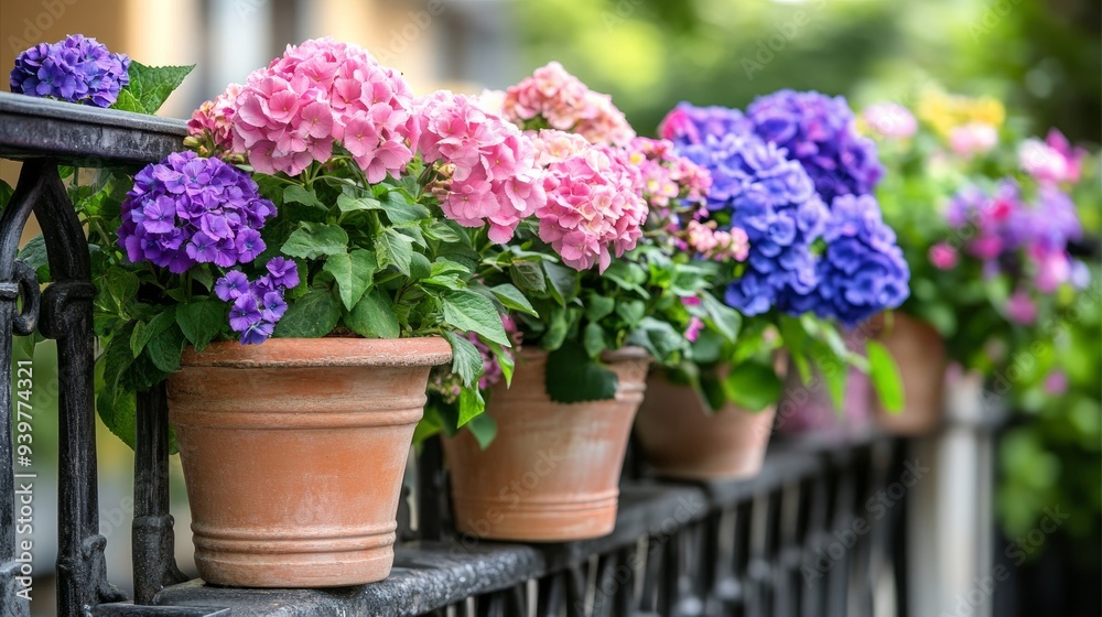 Hanging on a fence in a balcony garden are decorative flower pots filled with blooming balcony flowers, such as pink Hydrangea, purple violet lavender, and pansies. Hanging on a fence in a balcony garden are decorative flower pots filled with blooming balcony flowers, such as pink Hydrangea, purple violet lavender, and pansies.