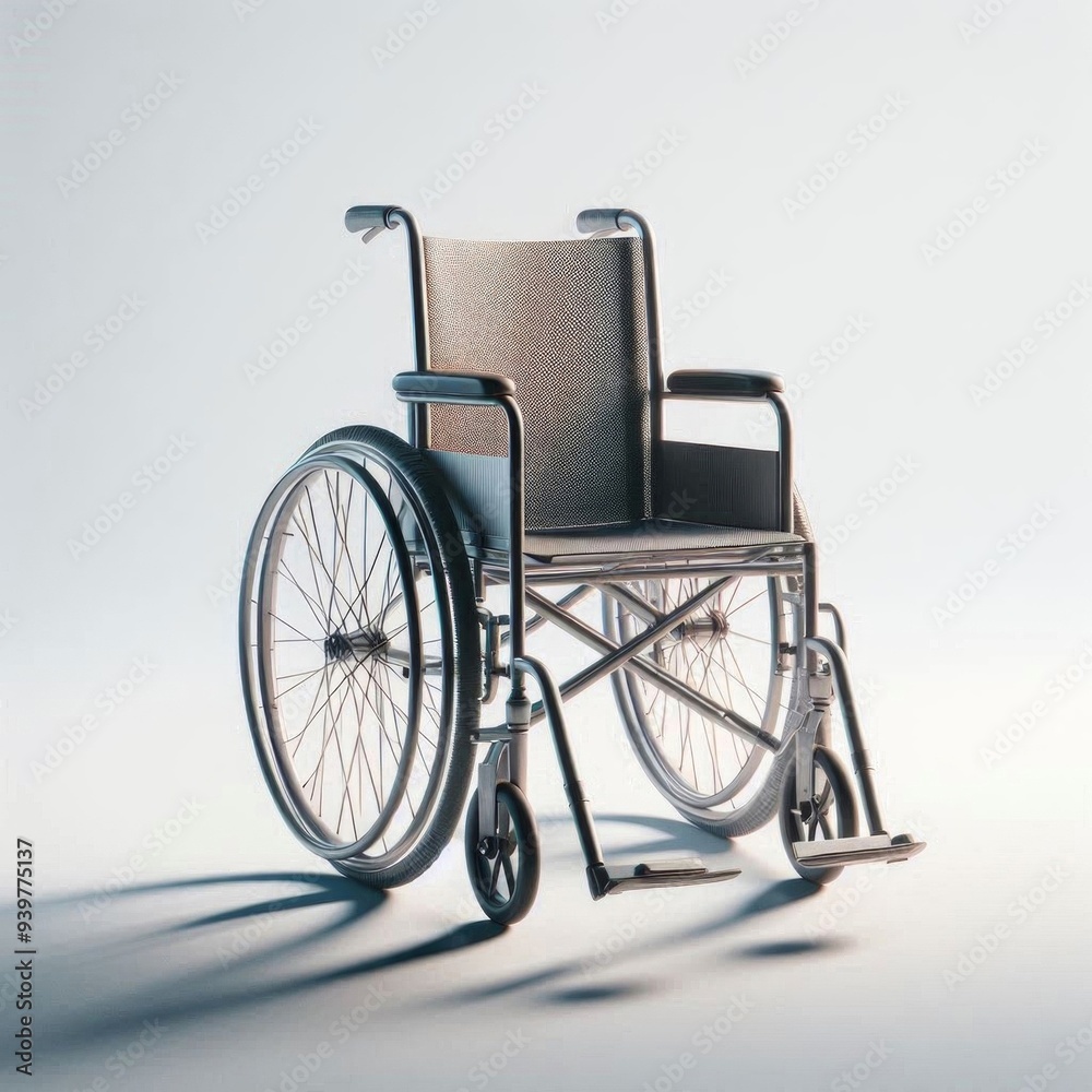 Fototapeta premium A wheelchair with black upholstery, featuring large rear wheels and footrests. It stands against a plain grey background, emphasizing its functionality and design. AI generated.
