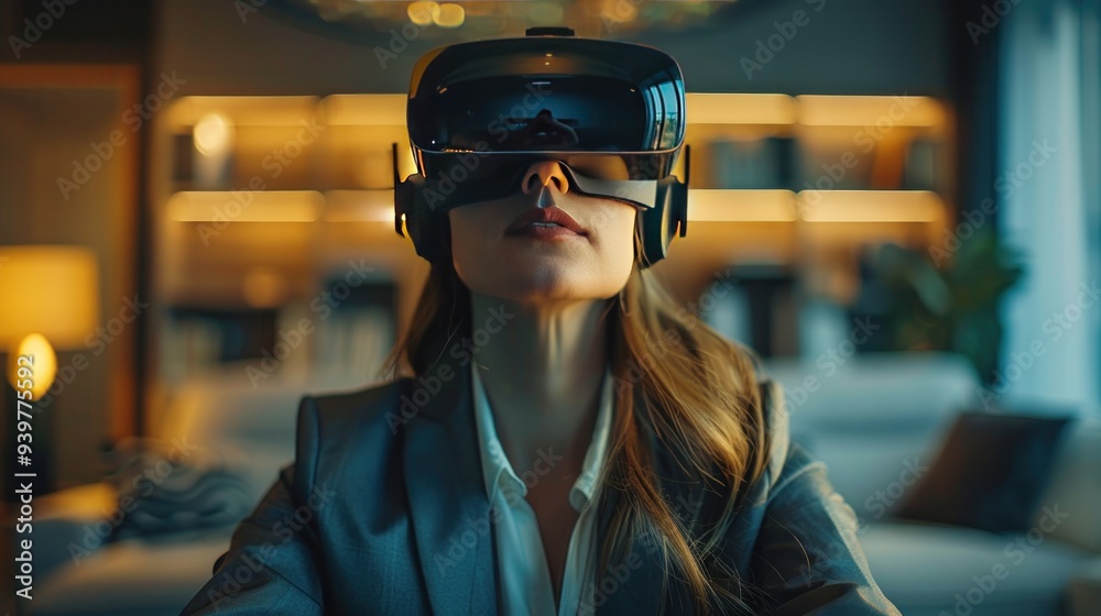 A businesswoman using a virtual reality headset for a remote meeting in a high-tech home office, showcasing a futuristic and connected atmosphere, incredibly detailed and realistic. A businesswoman using a virtual reality headset for a remote meeting in a high-tech home office, showcasing a futuristic and connected atmosphere, incredibly detailed and realistic.