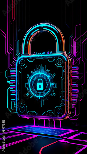 A digital padlock representing cybersecurity concepts surrounded by circuit patterns in a futuristic setting