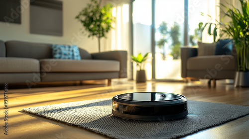 Robotic Vacuum Cleaner Navigating Through a Modern Living Room