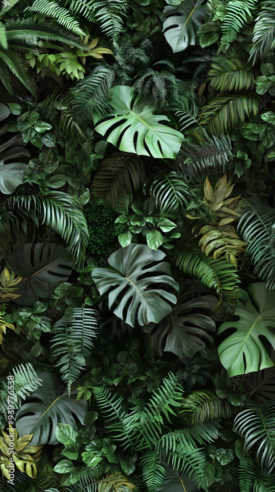 A wall of lush, verdant plants, including ferns and Monstera leaves, captured from above in high resolution A wall of lush, verdant plants, including ferns and Monstera leaves, captured from above in high resolution